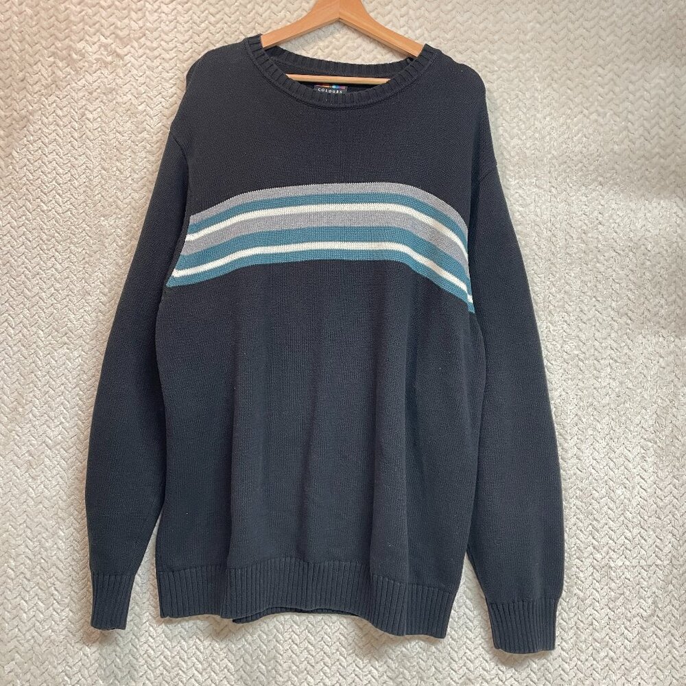 Vintage 90s Alexander Julian Colours‎ Grunge Black Teal Stripe Gorpcore Sweater